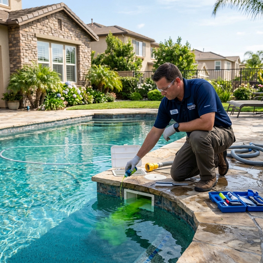 Dye testing a pool skimmer for leaks in an Old Bridge backyard